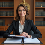 Femme en costume dans un bureau de justice moderne