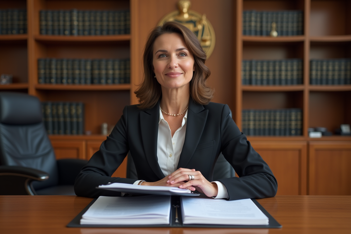 Femme en costume dans un bureau de justice moderne