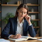 Femme en bureau lisant un dictionnaire sur le mot pacte
