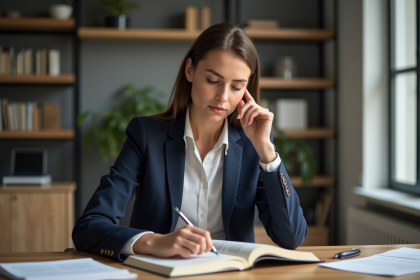 Femme en bureau lisant un dictionnaire sur le mot pacte