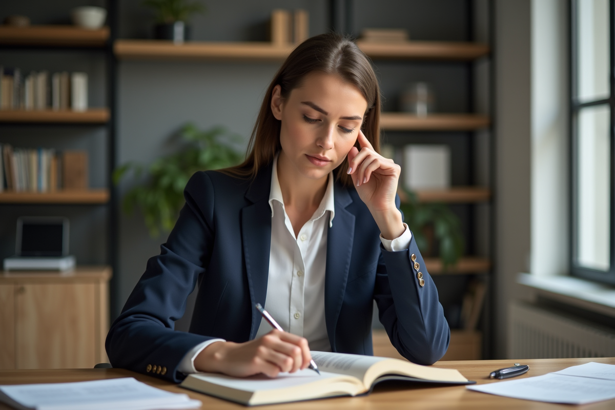 Femme en bureau lisant un dictionnaire sur le mot pacte