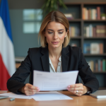 Femme francophone lisant un document juridique dans un bureau
