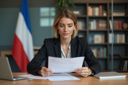 Femme francophone lisant un document juridique dans un bureau