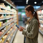Femme consultant une liste de marques sur smartphone dans un rayon de supermarché pour s'orienter lors de ses achats