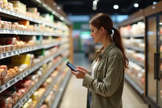 Femme consultant une liste de marques sur smartphone dans un rayon de supermarché pour s'orienter lors de ses achats