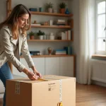 Femme mesurant un colis dans un salon lumineux