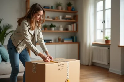 Femme mesurant un colis dans un salon lumineux