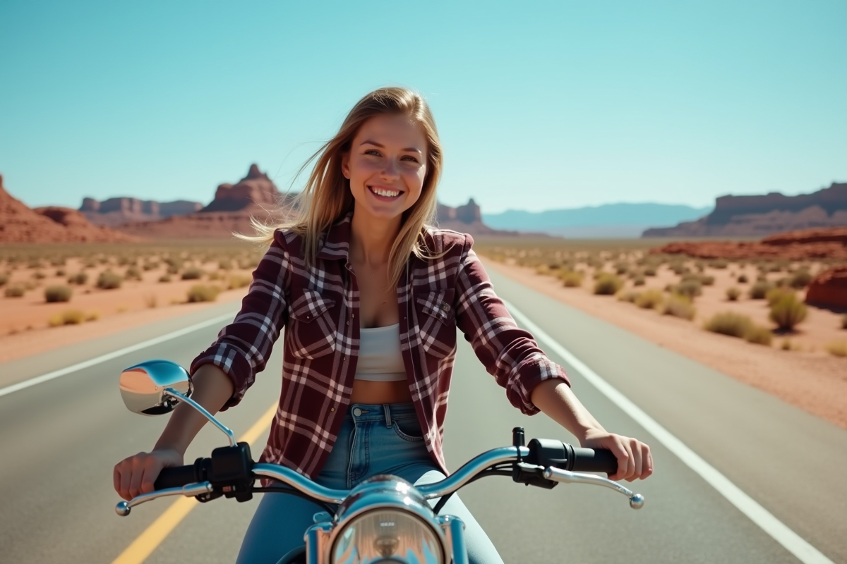 Jeune femme américaine sur une moto dans le désert