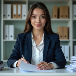 Femme en blazer navy organisant des papiers au bureau
