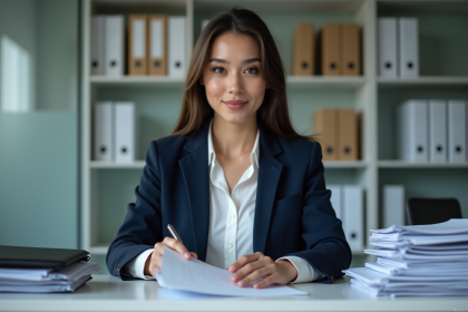 Femme en blazer navy organisant des papiers au bureau