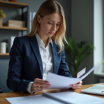 Femme professionnelle triant des documents dans un bureau moderne