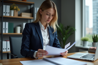 Femme professionnelle triant des documents dans un bureau moderne
