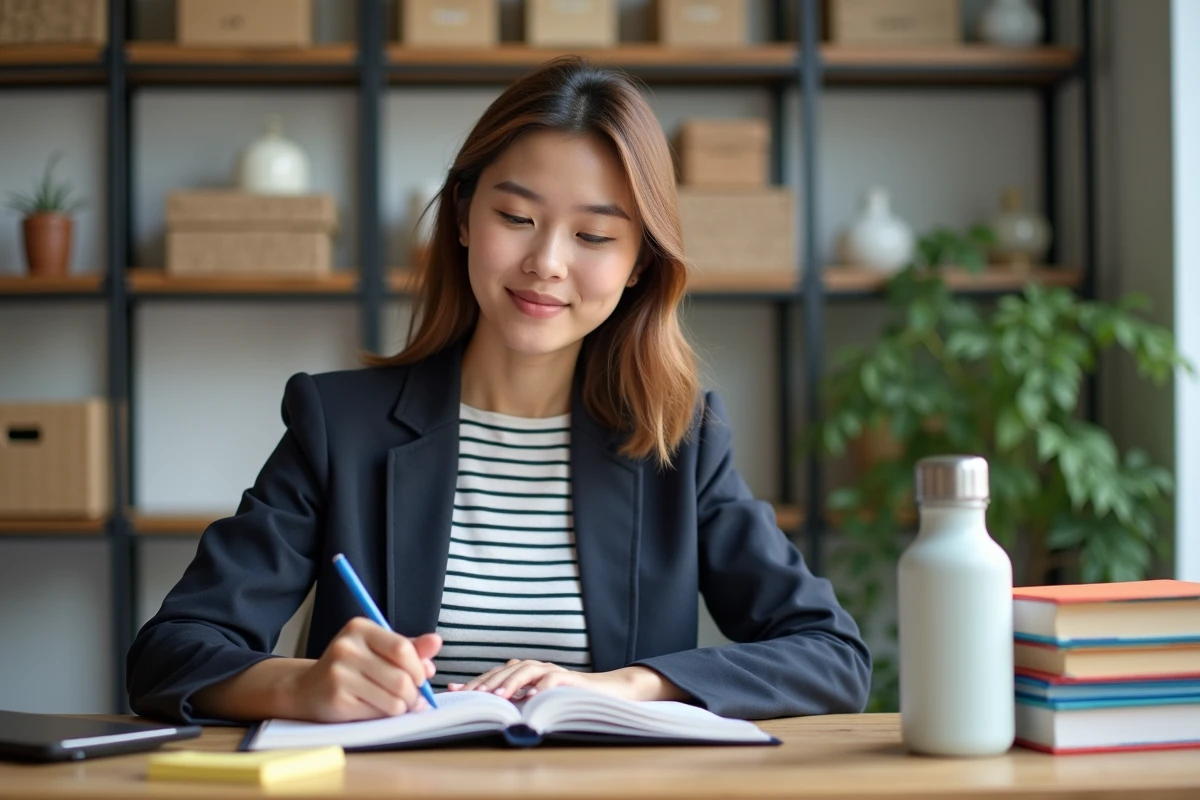 Jeune femme organisée dans son bureau lumineux