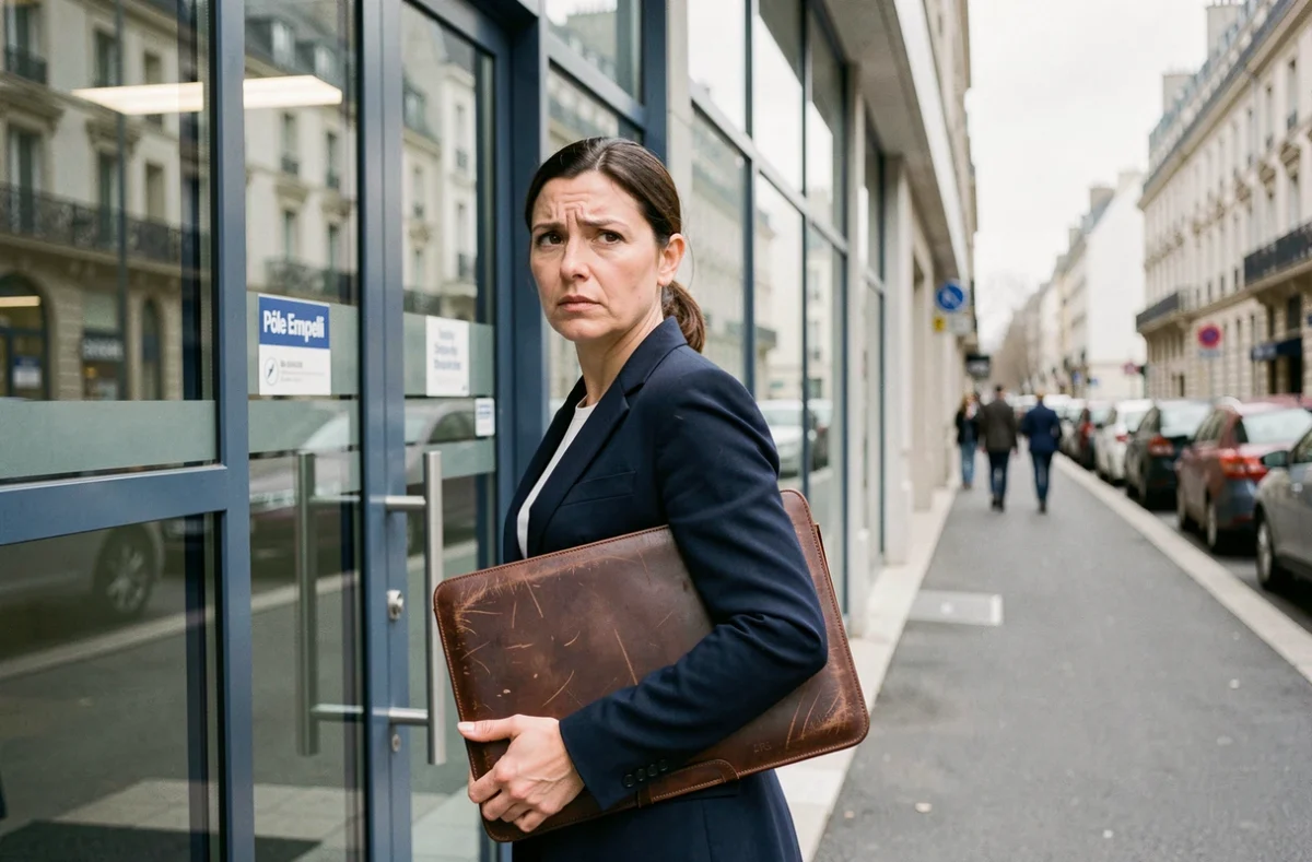 Femme devant une agence Pôle Emploi après un licenciement pour faute grave cherchant ses droits aux allocations chômage