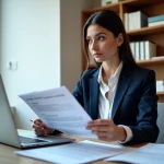 Femme professionnelle lisant brochure sur la propriété intellectuelle