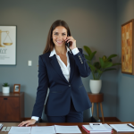 Femme professionnelle en bureau moderne lors d'un appel
