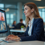 Femme d affaires au bureau regardant des publicites digitales