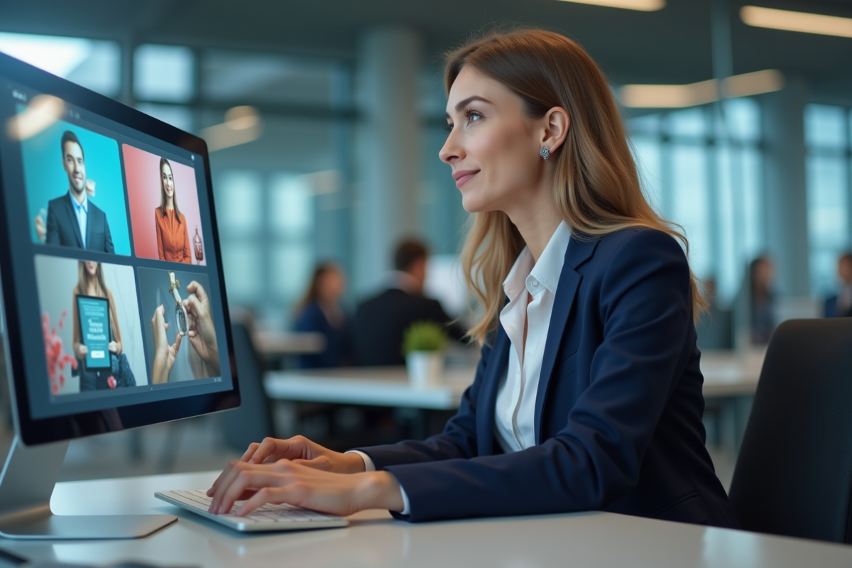 Femme d affaires au bureau regardant des publicites digitales