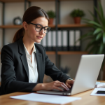 Jeune femme professionnelle tapant sur un ordinateur portable dans un bureau cosy