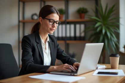 Jeune femme professionnelle tapant sur un ordinateur portable dans un bureau cosy