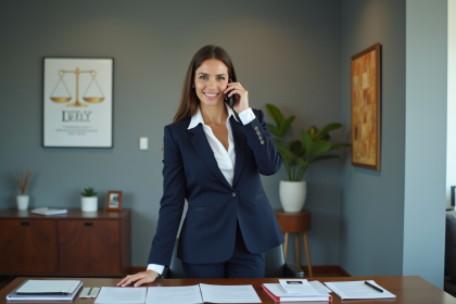 Femme professionnelle en bureau moderne lors d'un appel
