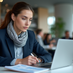 Jeune femme en costume bleu analysant des graphiques marketing