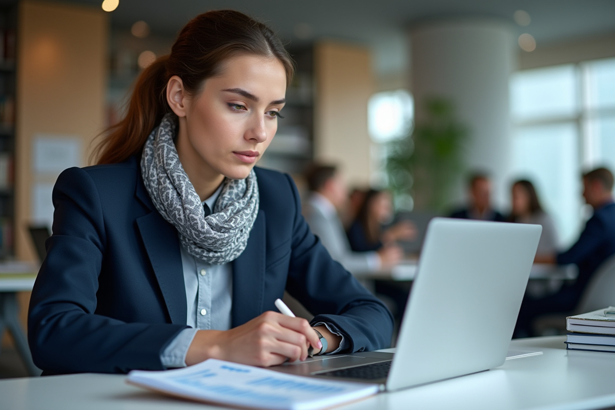 Jeune femme en costume bleu analysant des graphiques marketing