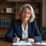 Femme rédigeant une formule manuscrite conforme sur un document juridique officiel à son bureau
