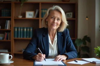 Femme rédigeant une formule manuscrite conforme sur un document juridique officiel à son bureau