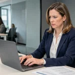 Femme professionnelle rédigeant un email de relance pour solde de tout compte sur un ordinateur portable dans un bureau moderne