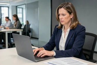 Femme professionnelle rédigeant un email de relance pour solde de tout compte sur un ordinateur portable dans un bureau moderne