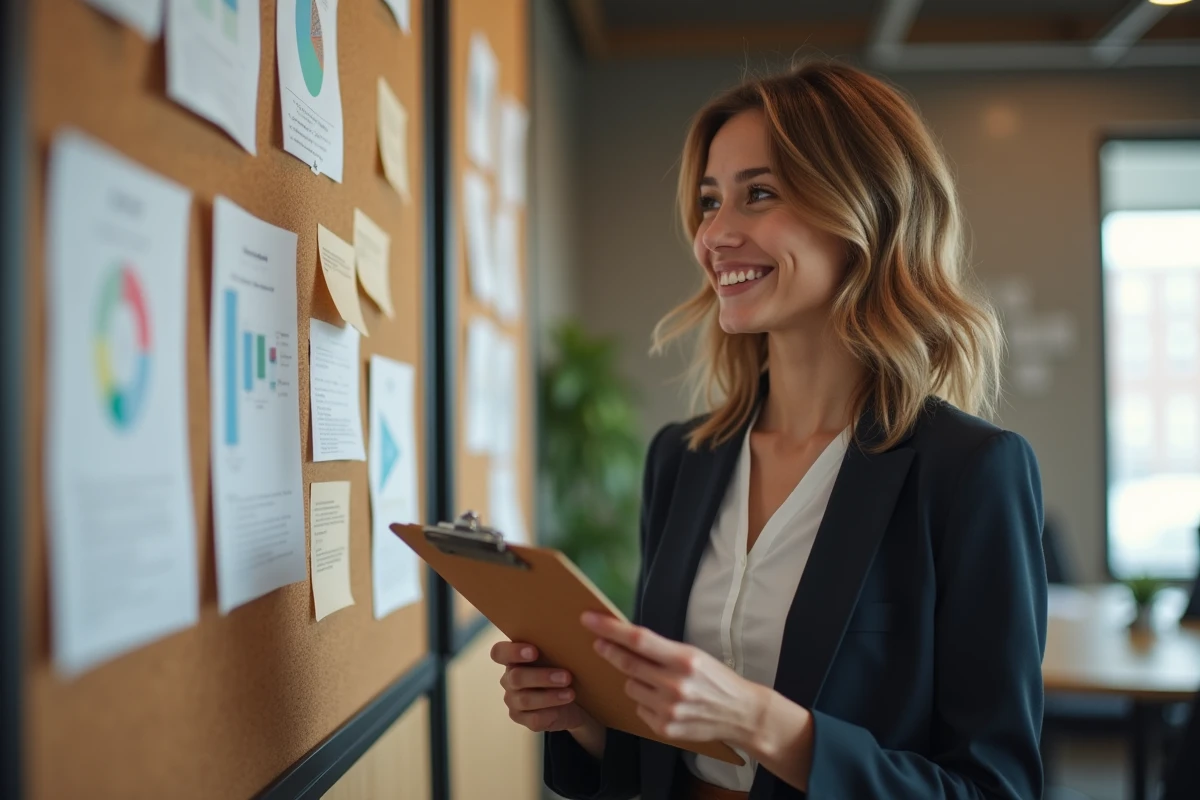 Jeune femme en réunion examinant des notes et graphiques