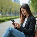 Jeune femme assise dans un parc avec son smartphone