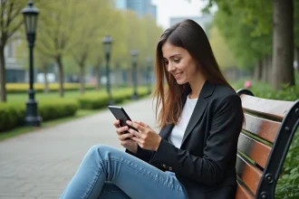 Jeune femme assise dans un parc avec son smartphone