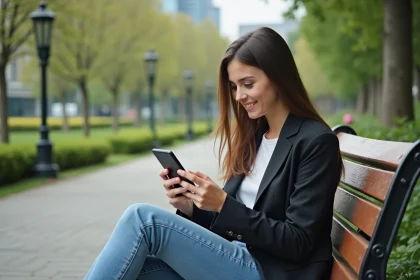 Jeune femme assise dans un parc avec son smartphone