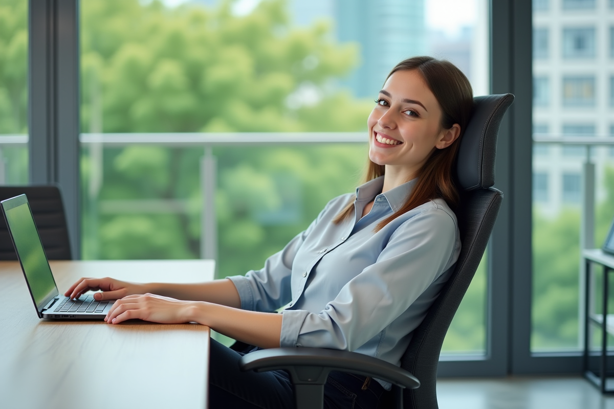 Jeune femme ajustant le soutien lombaire de sa chaise ergonomique