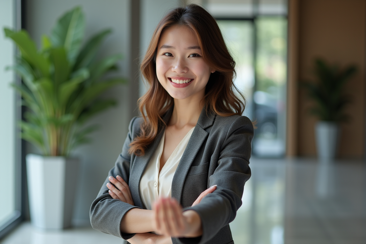 Jeune femme souriante en bureau moderne pour l'article