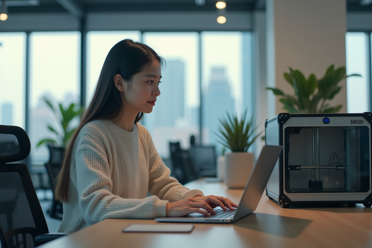 Jeune femme en visioconference dans un bureau contemporain