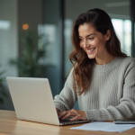 Jeune femme travaillant sur un ordinateur portable dans un bureau moderne