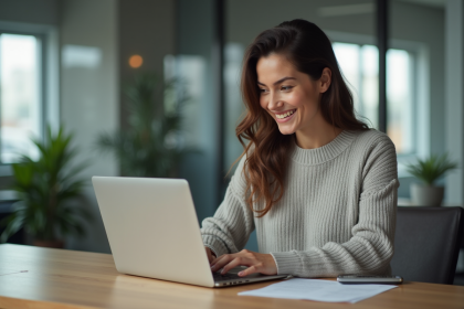 Jeune femme travaillant sur un ordinateur portable dans un bureau moderne