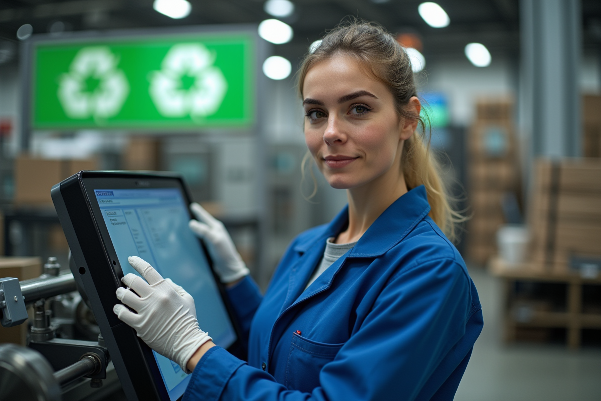 Femme en usine utilisant un panneau de contrôle tactile