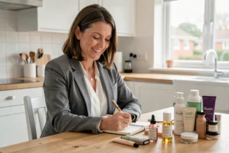 Femme travaillant à domicile en vente directe avec des produits de beauté et de bien-être disposés sur une table de cuisine