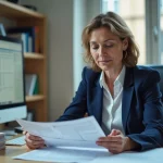 Fonctionnaire de catégorie C examinant des documents relatifs à la revalorisation salariale dans un bureau administratif