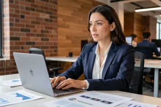 Fondatrice de startup en visioconférence avec un expert conseil dans un espace de coworking moderne