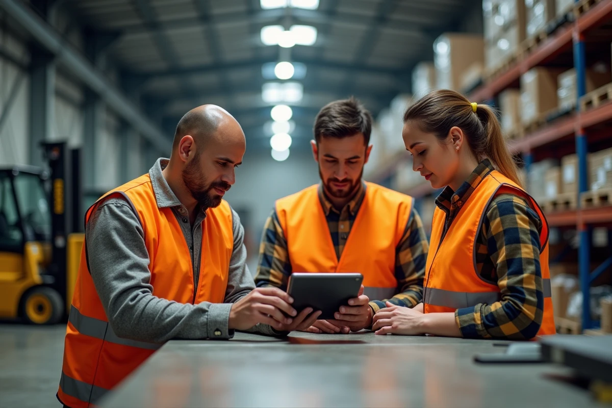 Équipe de techniciens en formation sur l'utilisation d'une application mobile de gestion de maintenance dans un entrepôt industriel