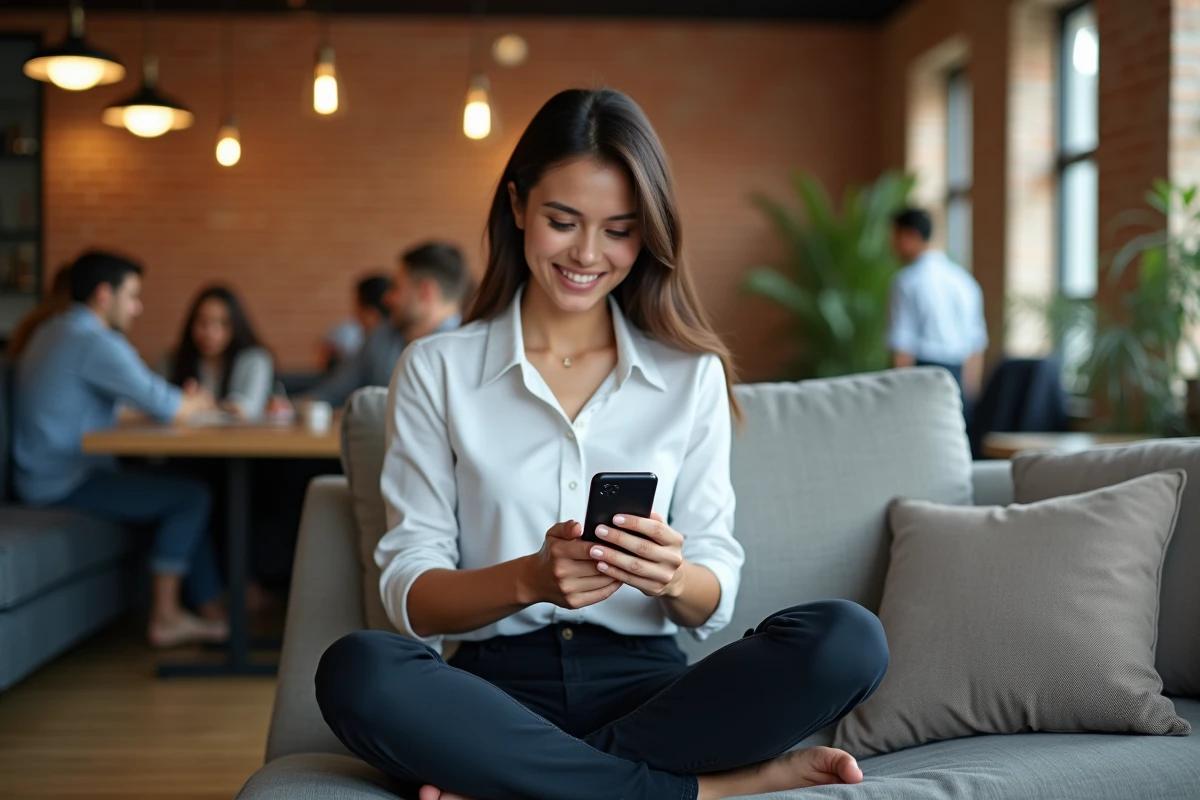 Jeune freelance gérant ses réservations clients sur smartphone dans un espace de coworking moderne