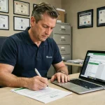 Gérant de centre Sécuritest consultant l'espace affilié sur son ordinateur avec des documents réglementaires sur son bureau