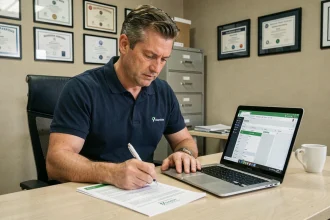 Gérant de centre Sécuritest consultant l'espace affilié sur son ordinateur avec des documents réglementaires sur son bureau