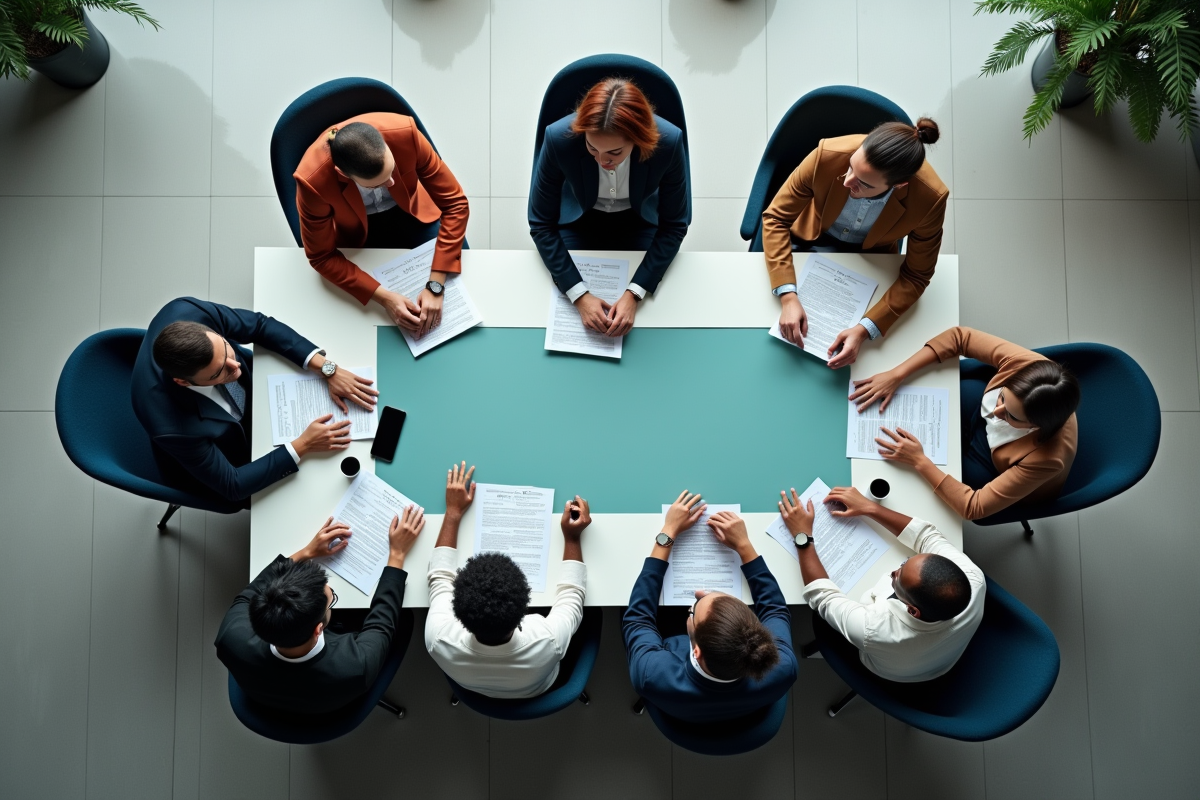 Groupe divers collaborant autour d une table en W