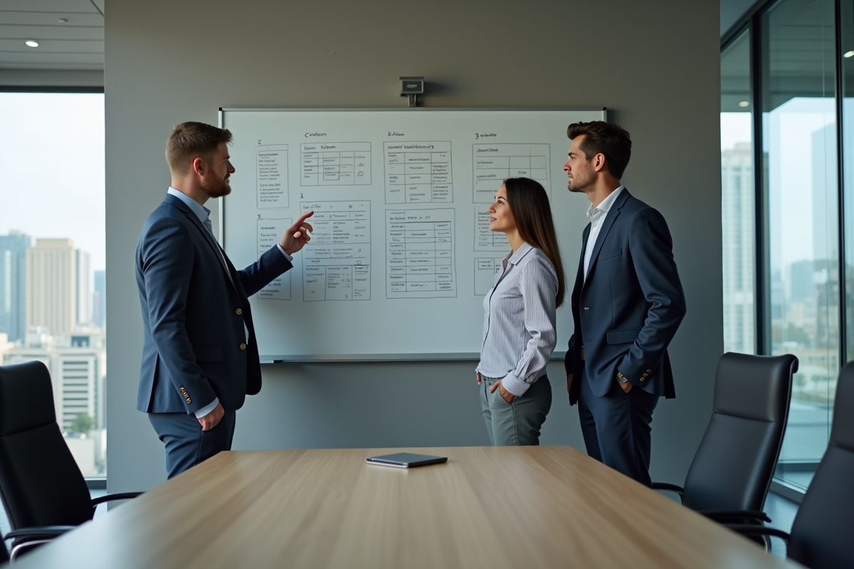 Groupe de professionnels discutant autour d